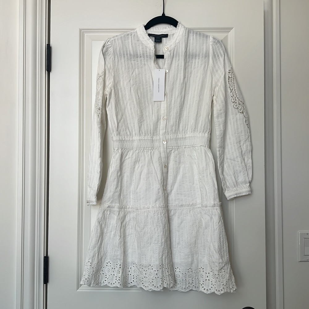 French Connection long sleeve mini dress in white broderie